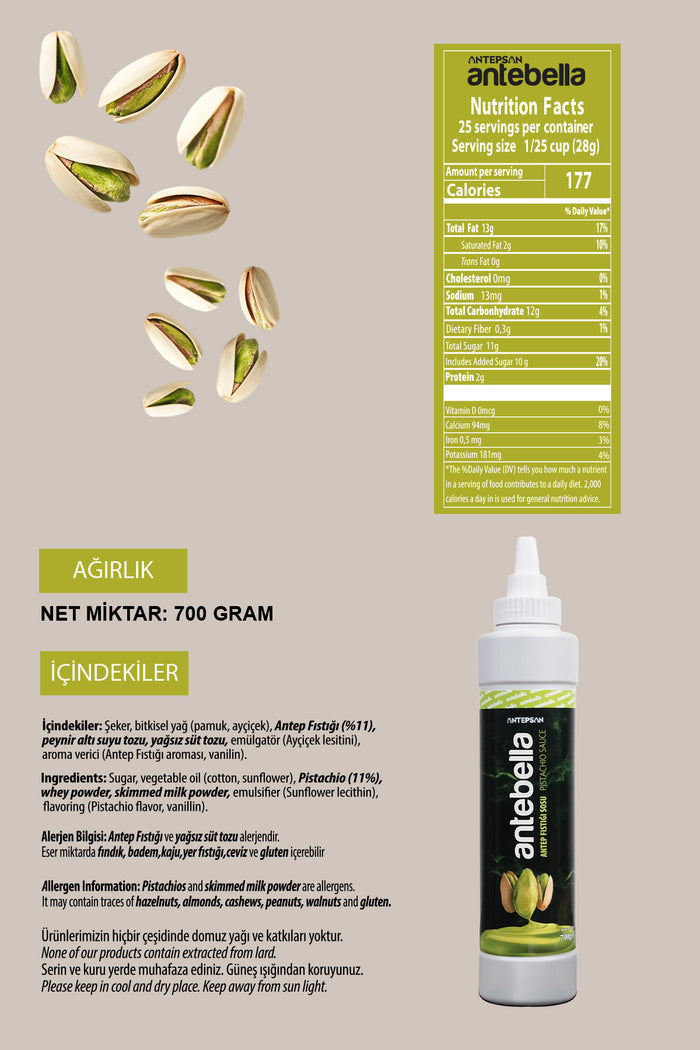 Bring the rich taste of Antep pistachios to your desserts with Antebella Antep Fistikli Sauce.