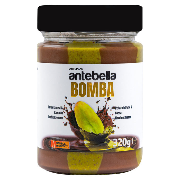 Discover the rich taste of Antebella Bomba Pistachio Spread & Cocoa Hazelnut Cream, a deliciously smooth blend made with 31.5% Antep pistachios, 19.2% hazelnuts, and real cocoa.