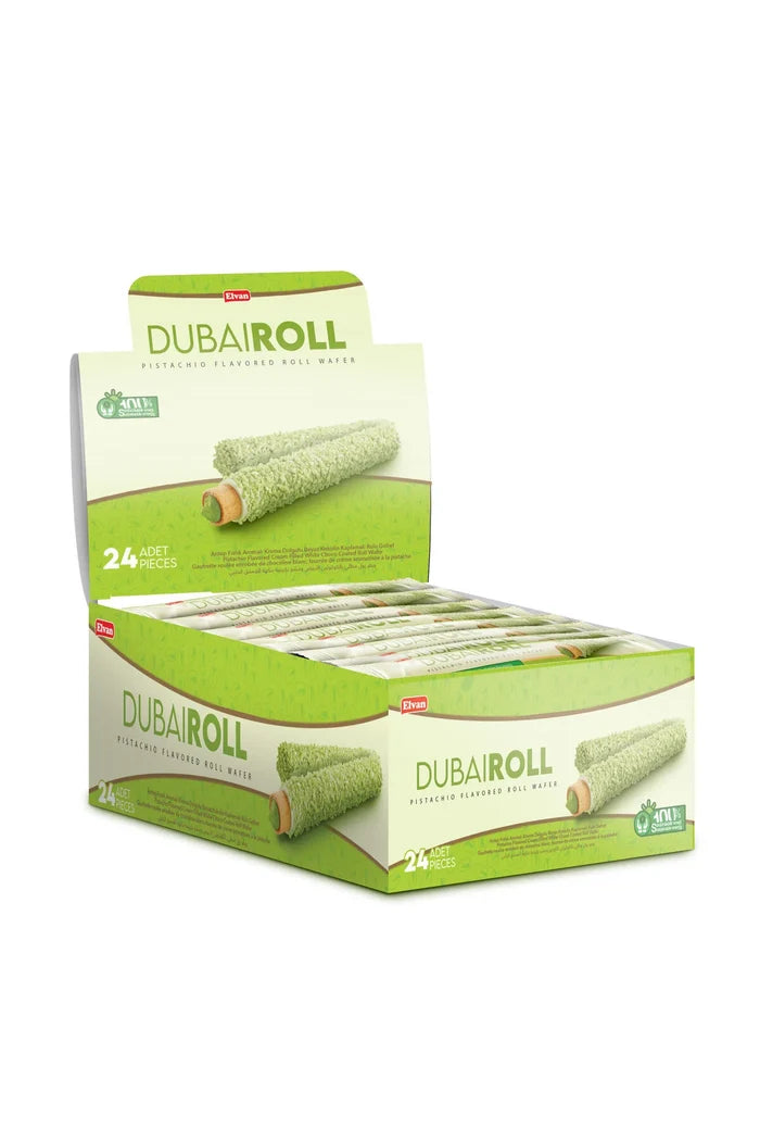 Elvan Dubai Roll Wafer with Pistachio Cream Filling – 0.63 oz (18 G) x 24 Pieces (1 Box)