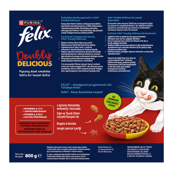 Felix Doubly Delicious Beef & Chicken Cat Food is a complete and balanced dry food formulated for adult cats.