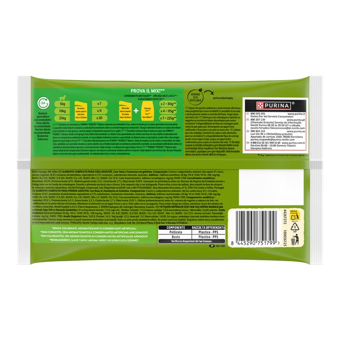 Friskies Beef & Carrot Wet Dog Food is a convenient multipack of 4 x 85 g portions, made with beef and carrots to provide a flavorful and balanced meal for adult dogs.