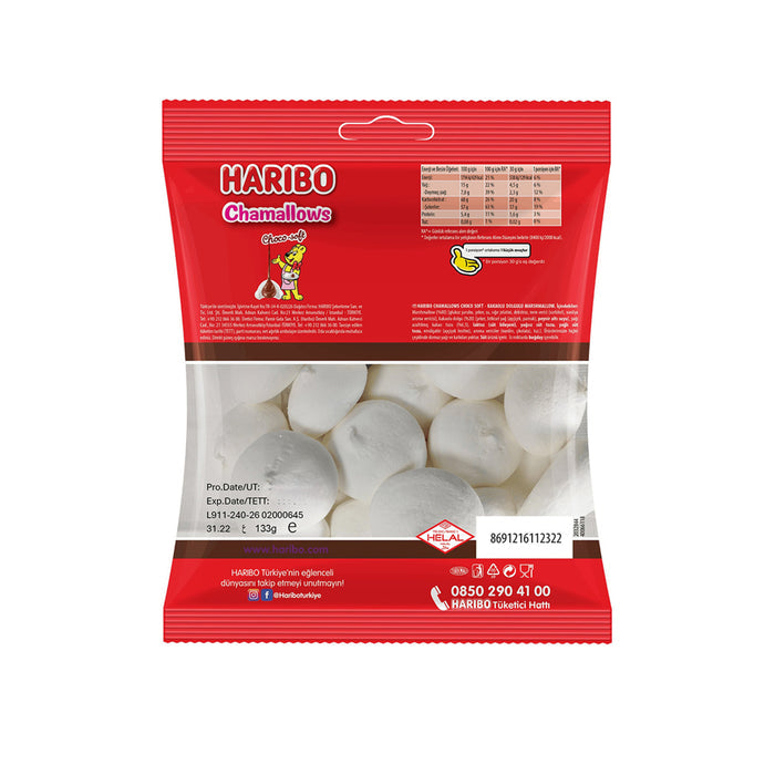 Haribo Choco-Soft Chamallows combine fluffy marshmallow with a smooth cocoa filling for a soft, chocolatey bite that melts in your mouth.