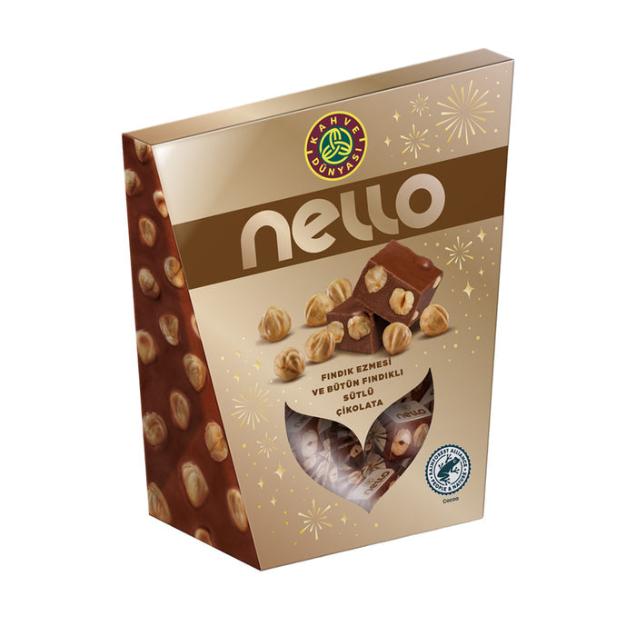 Kahve Dünyası Nello Hazelnut Chocolate blends premium milk chocolate with a rich 28% hazelnut puree and whole hazelnuts (17%) for a satisfying crunch and deep nutty flavor.