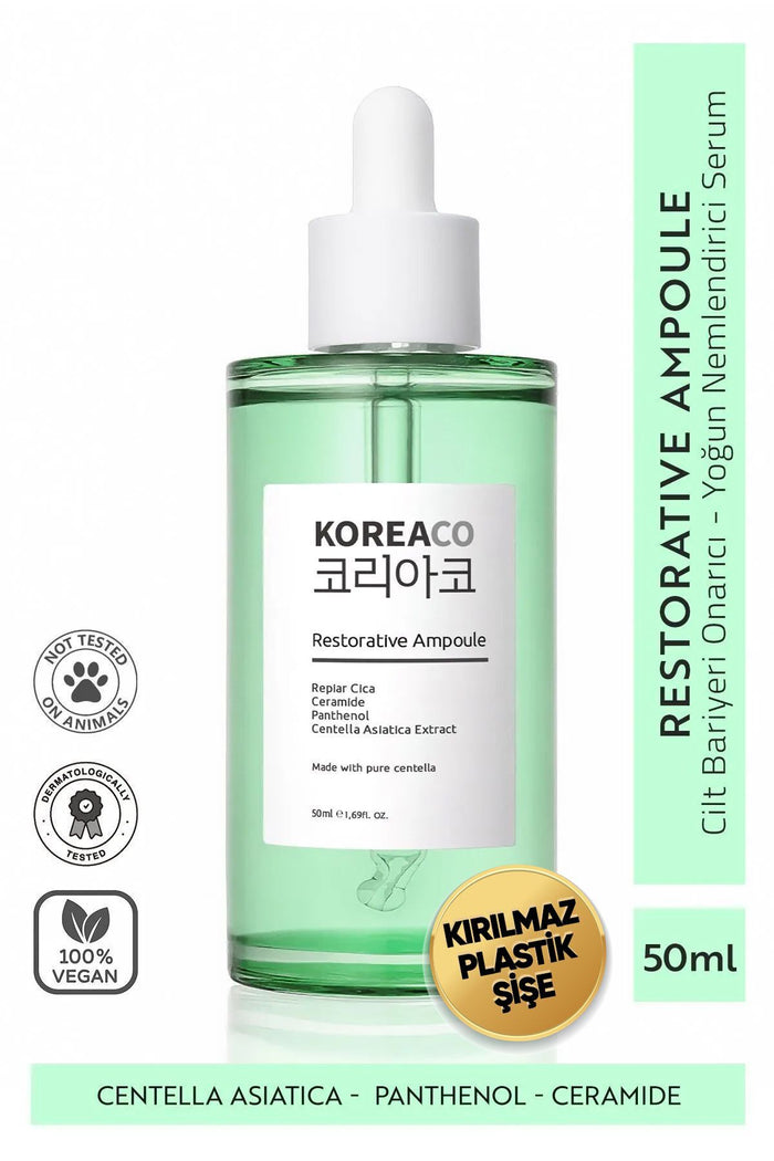 KOREACO Centella & Cica & Ceramide Repair Brightening Ampoule is a lightweight yet intensive skin-repairing ampoule designed to support the moisture barrier and deliver up to 24-hour hydration.