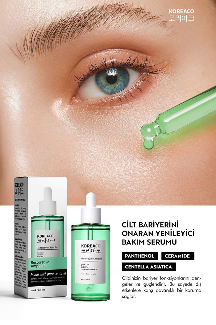 KOREACO Centella & Cica & Ceramide Repair Brightening Ampoule is a lightweight yet intensive skin-repairing ampoule designed to support the moisture barrier and deliver up to 24-hour hydration.