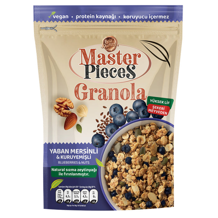 Start your morning with the wholesome crunch of Master Pieces Blueberry Granola, a carefully crafted blend of oats, nuts, seeds, and real blueberries.