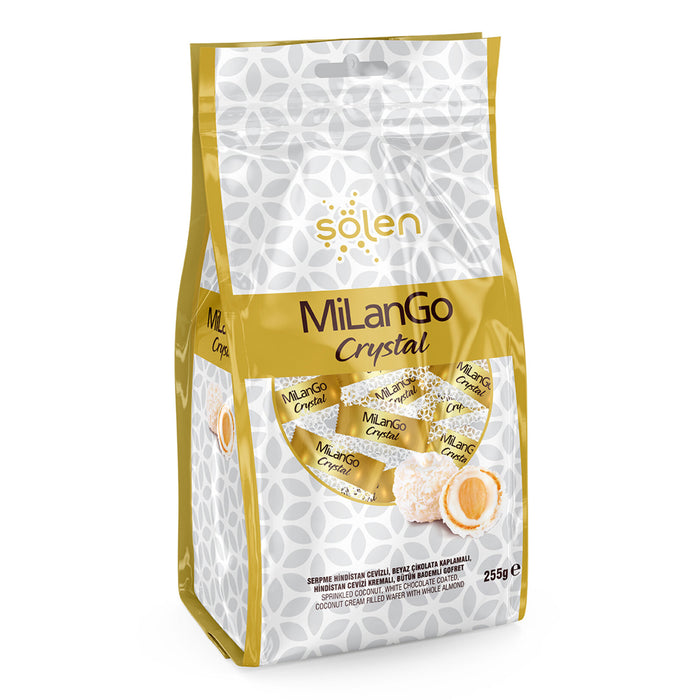 Milango Crystal Coconut Chocolate brings together creamy coconut filling, smooth white chocolate, crunchy whole almonds, and delicate wafer layers in one elegant bite.
