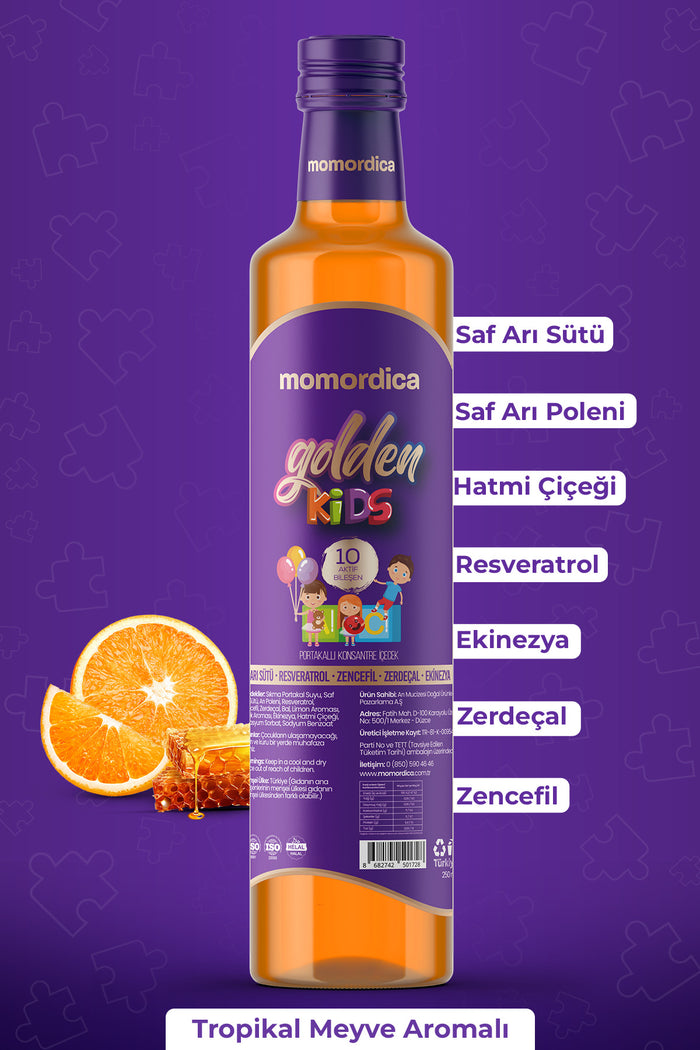 Momordica Golden Kids Orange Flavored Herbal Concentrate Blend is a specially crafted liquid formula made with a blend of 10 natural herbs, developed for children.