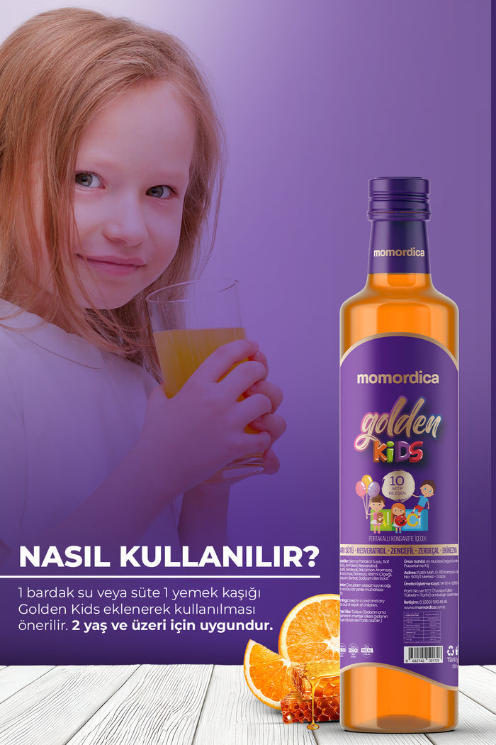 Momordica Golden Kids Orange Flavored Herbal Concentrate Blend is a specially crafted liquid formula made with a blend of 10 natural herbs, developed for children.
