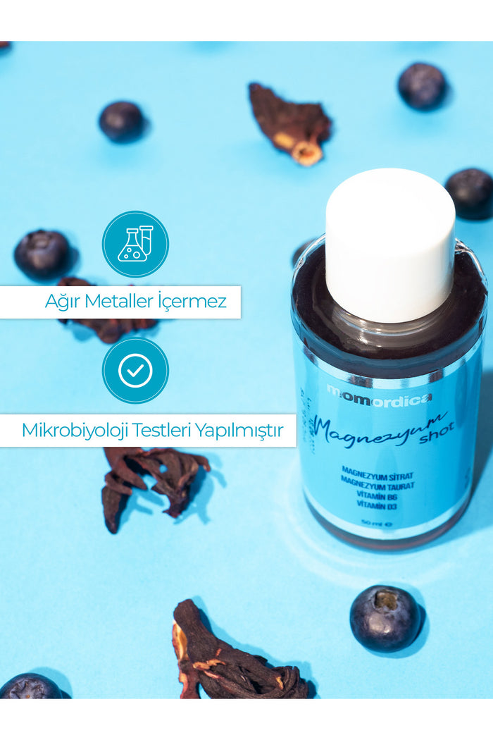 MOMORDICA Magnesium Shot is a convenient liquid supplement formulated with Magnesium (Citrate and Taurate forms), Vitamin B6 (Pyridoxine), and Vitamin D3 (Cholecalciferol).