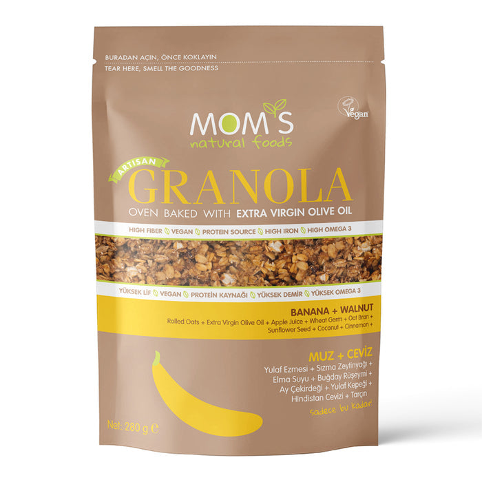 Start your morning with the wholesome taste of Mom's Natural Foods Banana & Walnut Granola.