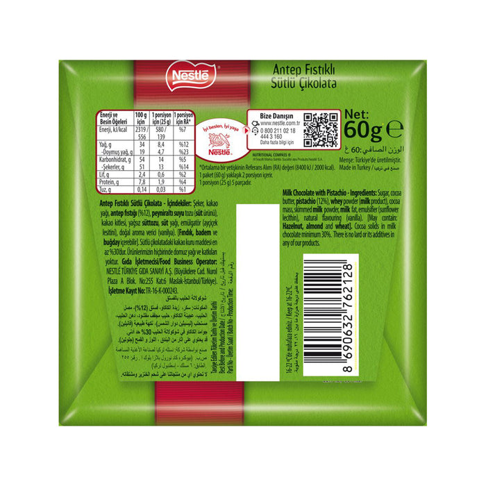 Nestle Pistachio Milk Chocolate Bar blends rich, creamy milk chocolate with the nutty crunch of premium Antep pistachios.
