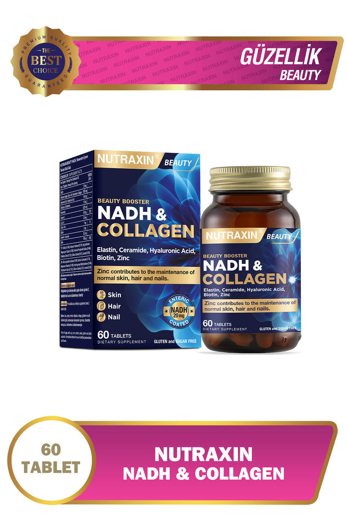 Nutraxin Beauty Booster NADH & Collagen is a comprehensive beauty and vitality formula designed for adults who want to support skin elasticity, hair strength, nail health, and daily energy metabolism.