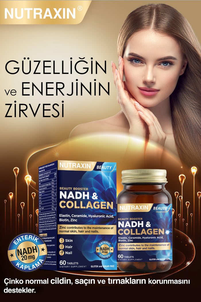 Nutraxin Beauty Booster NADH & Collagen is a comprehensive beauty and vitality formula designed for adults who want to support skin elasticity, hair strength, nail health, and daily energy metabolism.