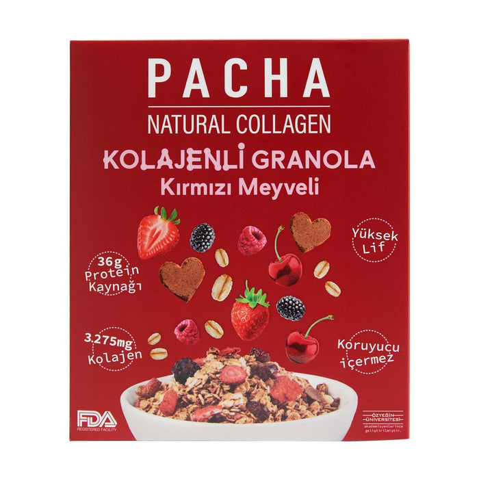 Pacha Red Berry Collagen Granola brings together hearty oats, real red berries, and added collagen for a nourishing start to your day.