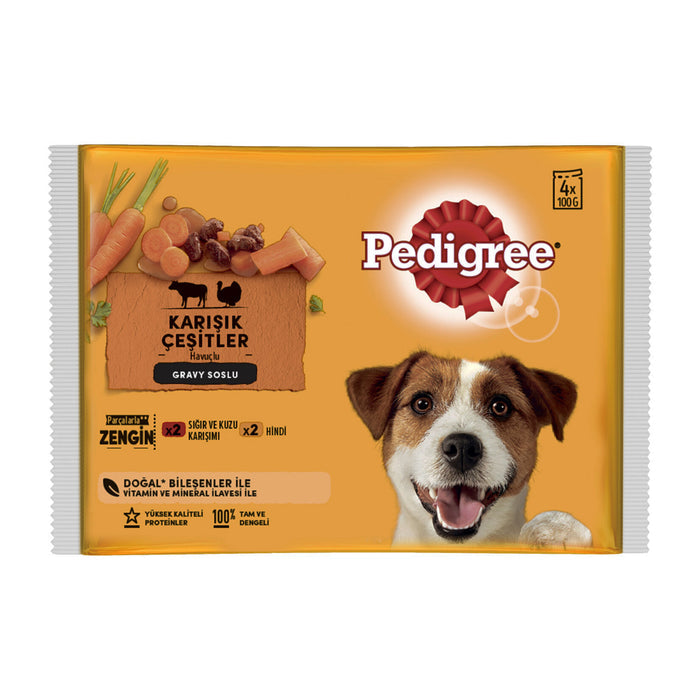 Pedigree Wet Dog Food Meat Selection Pouch 4 x 100 g offers a convenient variety pack designed to provide complete and balanced daily nutrition for adult dogs.