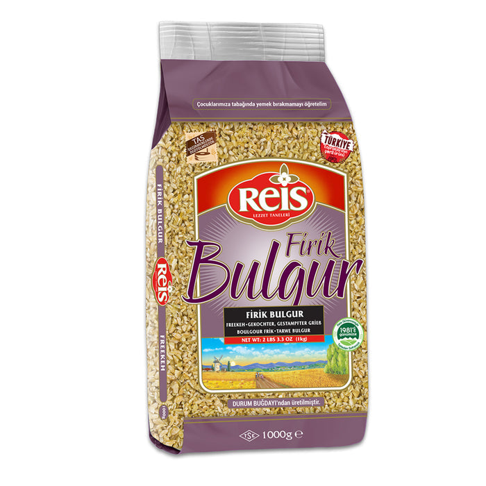 Reis Firik Bulgur is a traditional cracked wheat product made from green durum wheat that is harvested early and roasted over wood fire for a rich, smoky flavor.
