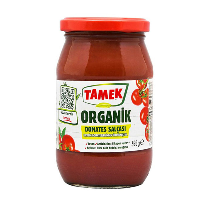 Tamek Organic Tomato Paste is made from carefully selected organic tomatoes grown under controlled conditions and gently concentrated to preserve their rich flavor and vibrant color.