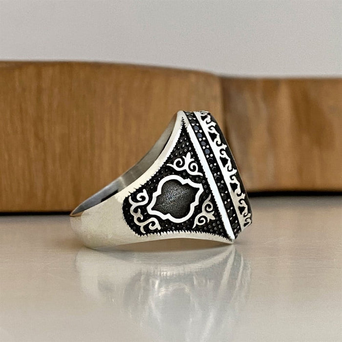 Turkish Sterling Silver Ring with Zircon Suleiman Seal is a powerful statement piece inspired by centuries of Islamic and Ottoman tradition.