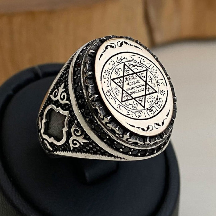 Turkish Sterling Silver Ring with Zircon Suleiman Seal is a powerful statement piece inspired by centuries of Islamic and Ottoman tradition.