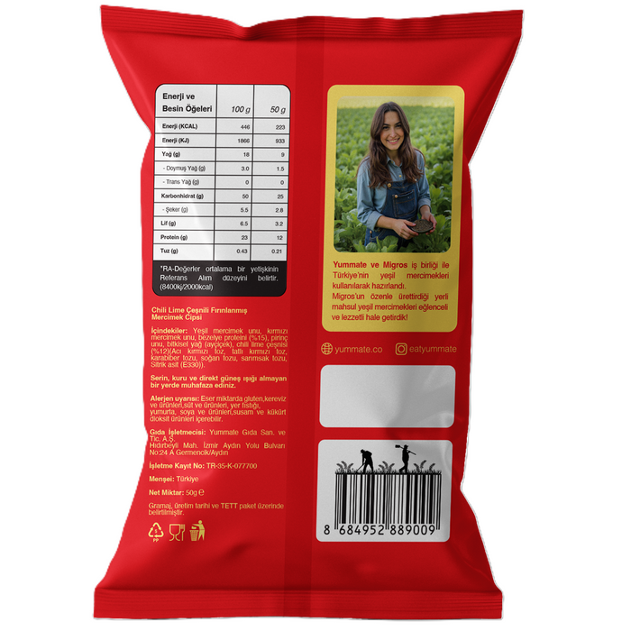 Yummate Chili Lime Lentil Chips bring together the bold heat of chili and the fresh zing of lime in a light, crunchy snack made from lentils and plant-based protein.