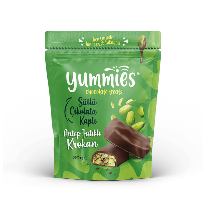 Yummies Milk Chocolate Covered Pistachio Brittle brings together rich milk chocolate and crunchy Antep pistachio brittle for a delightful Turkish treat.