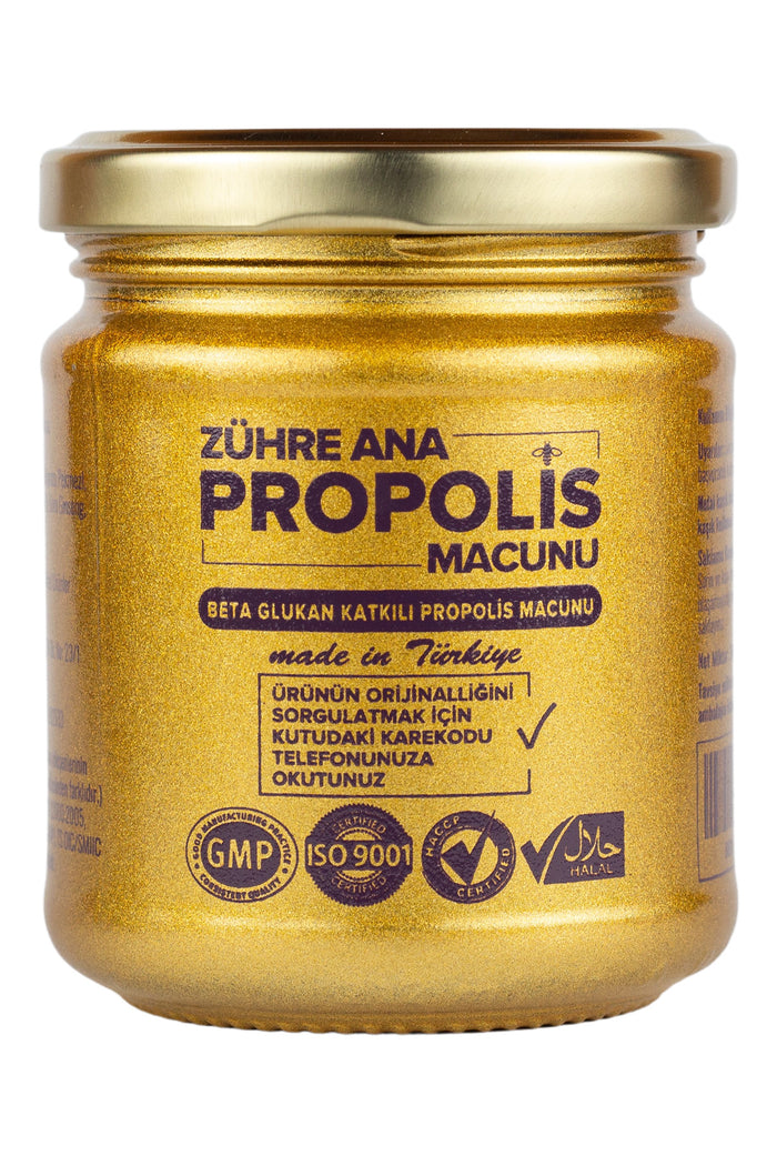Zuhre Ana Propolis Paste with Beta Glucan and Ginseng is a traditional herbal blend crafted with nutrient-rich bee products and botanical extracts.