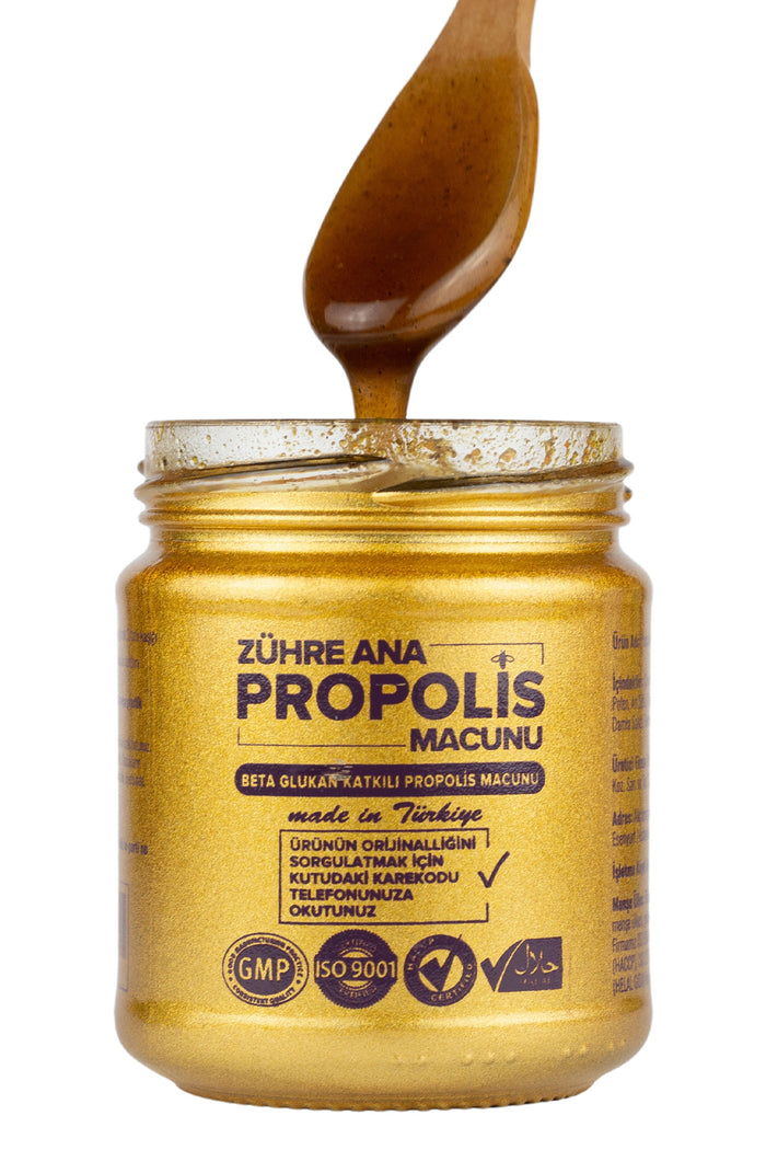 Zuhre Ana Propolis Paste with Beta Glucan and Ginseng is a traditional herbal blend crafted with nutrient-rich bee products and botanical extracts.