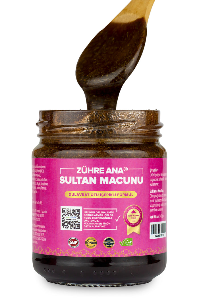 Zuhre Ana Sultan Herbal Paste is a traditional Turkish herbal macun carefully crafted with a blend of time-honored botanicals including burdock (Dulavrat Otu), chasteberry (Hayit), and yarrow (Civanperçemi).