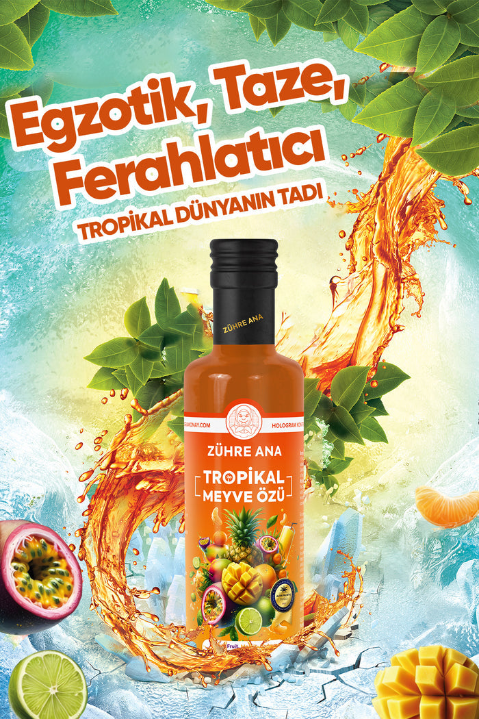 Zühre Ana Tropical Fruit Extract brings together the vibrant taste of passion fruit, mango, Bodrum mandarin, pineapple, and lime in one naturally flavorful blend.